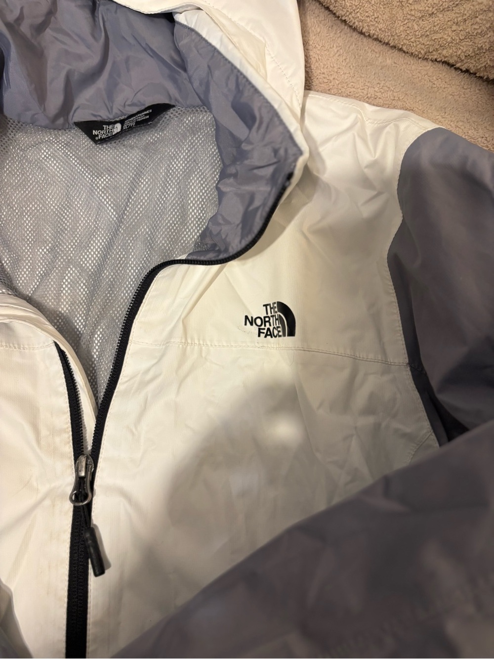 The North Face White and Light Gray Hooded Ski Jacket